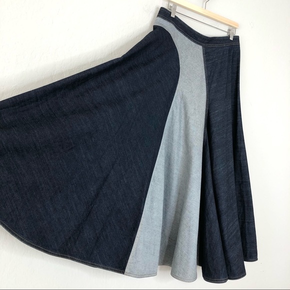 Lanvin Two Tone Curved Full Flare Denim Midi Skirt - Picture 5 of 10